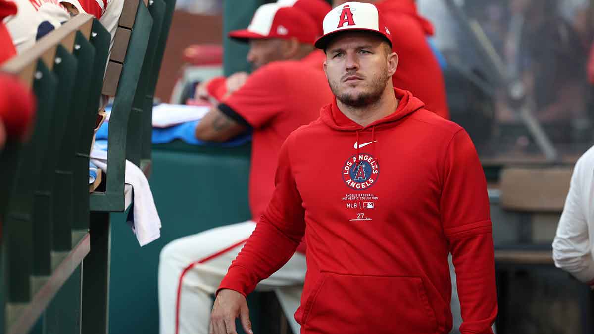 Los Angeles Angels outfielder Mike Trout (27) in the dugout during an MLB game against the New York Mets at Angel Stadium.