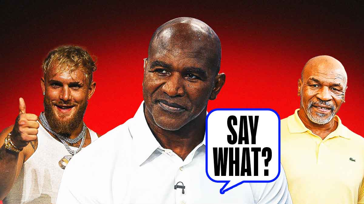 Evander Holyfield with speech bubble: SAY WHAT? with Mike Tyson and Jake Paul laughing