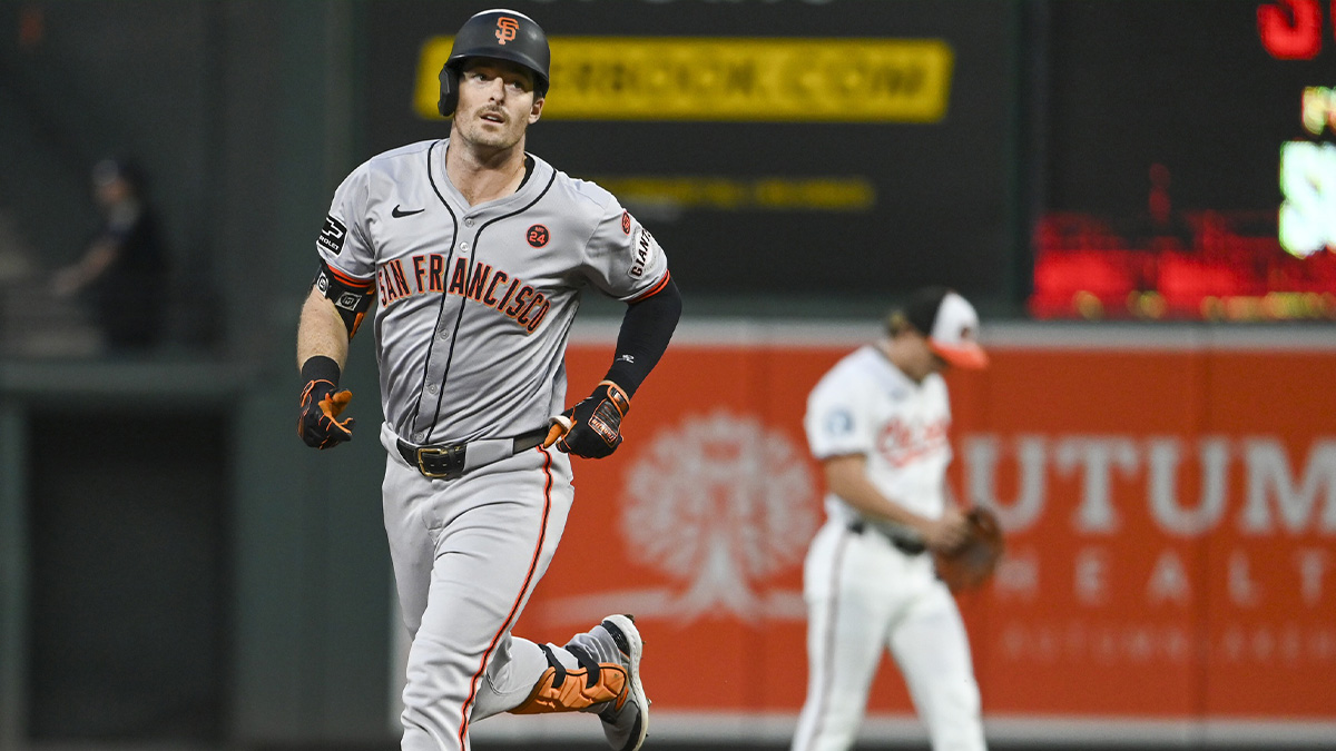 San Francisco Giants outfielder Mike Yastrzemski (5) waves after hitting a lead off home run against the Baltimore Orioles at Oriole Park at Camden Yards.