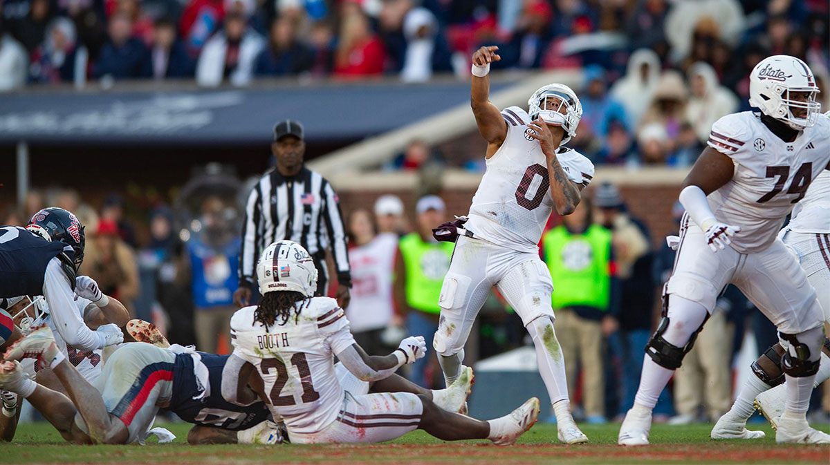 Mississippi State's quarterback Michael Van Buren Jr. (0) throws the ball during the Egg Bowl game against Mississippi at Vaught-Hemingway Stadium on Friday, Nov. 29, 2024.