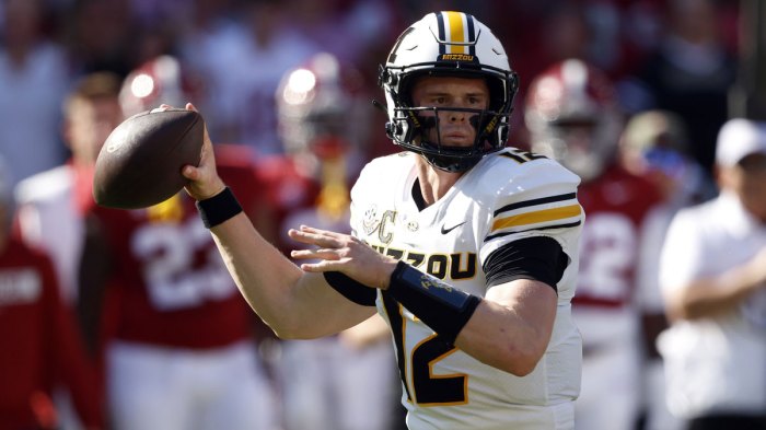 Missouri Tigers quarterback Brady Cook (12) throws a pass against the Alabama Crimson Tide during the first half at Bryant-Denny Stadium.