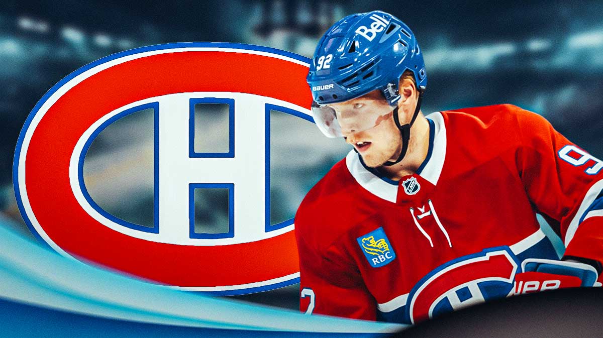 Patrik Laine looking happy, Montreal Canadiens logo, hockey rink in background