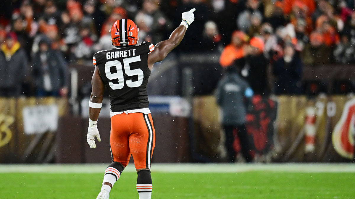 Nov 21, 2024; Cleveland, Ohio, USA; Cleveland Browns defensive end Myles Garrett (95) celebrates after a sack during the first quarter against the Pittsburgh Steelers at Huntington Bank Field.