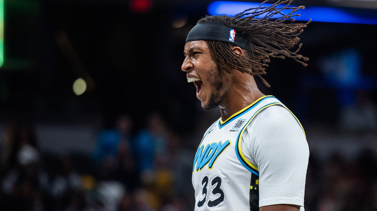 Indiana Pacers center Myles Turner (33) celebrates a made basket in the second half against the Miami Heat at Gainbridge Fieldhouse.