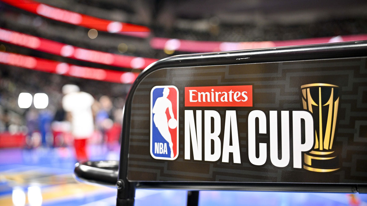 A view of the Emirates NBA Cup logo before the game between the Dallas Mavericks and the New Orleans Pelicans at the American Airlines Center.