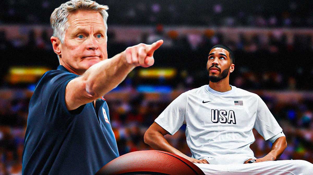 Jayson Tatum in a USA Basketball jersey sitting on a bench, while head coach Steve Kerr is in a USA Basketball shirt coaching