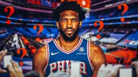 Joel Embiid surrounded by question marks featuring a 76ers themed BG.