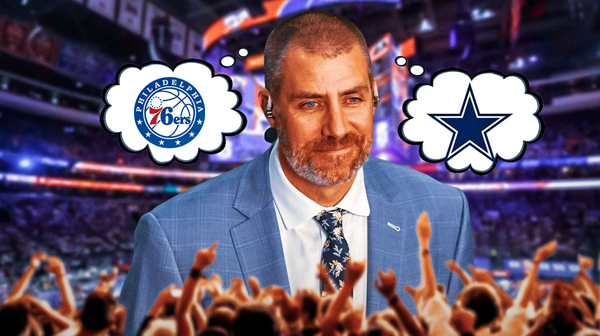 Sports writer Tim MacMahon with a thought bubble of the Dallas Cowboys logo and the Philadelphia 76ers logo next to him