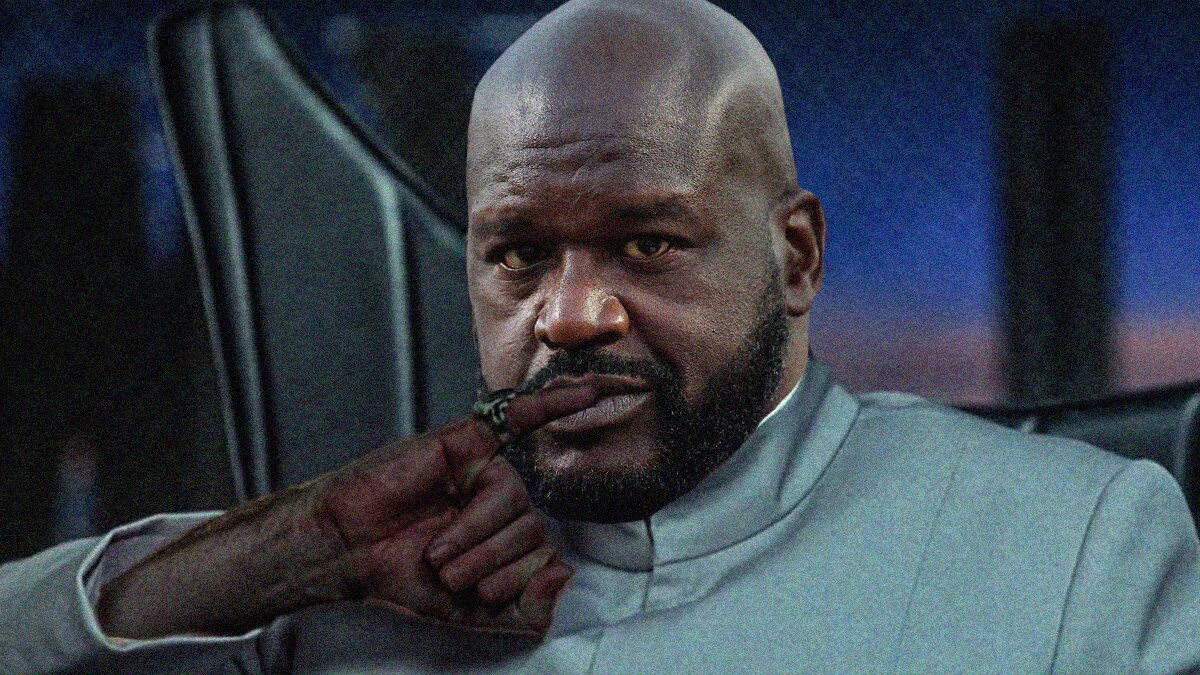 Shaquille O'Neal's head cutout over Dr. Evil with a talk bubble CAVS BY 10! next to Charles Barkley