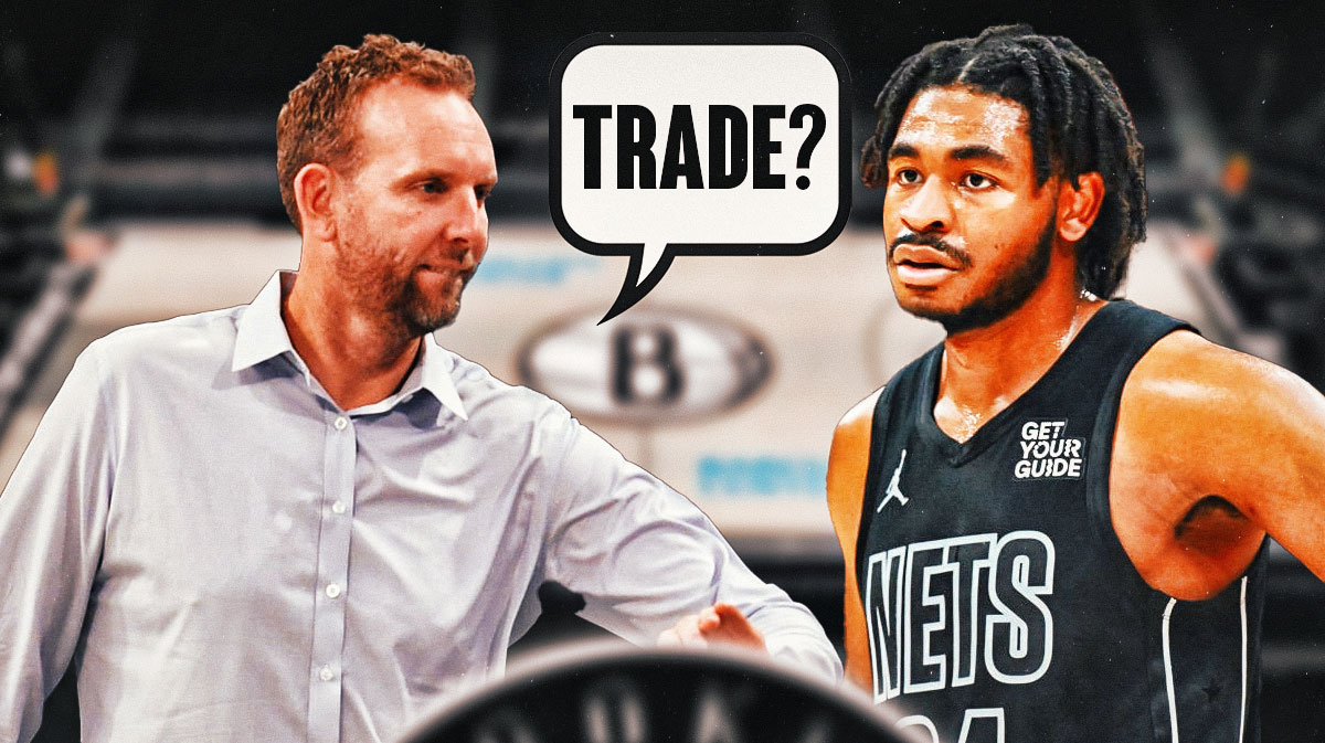 Brooklyn Nets general manager Sean Marks with a thought bubble that says "Trade?" and a photo of Cam Thomas next to him.