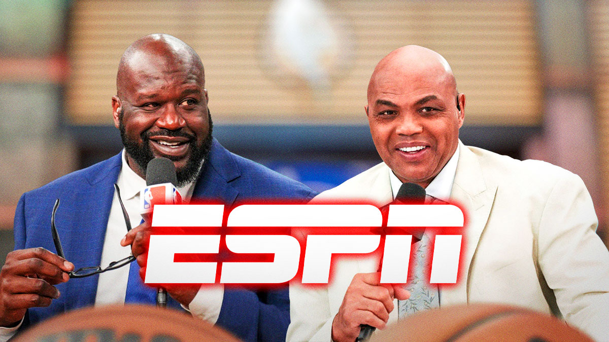 Inside the NBA hosts Charles Barkley and Shaquille O'Neal with the ESPN logo