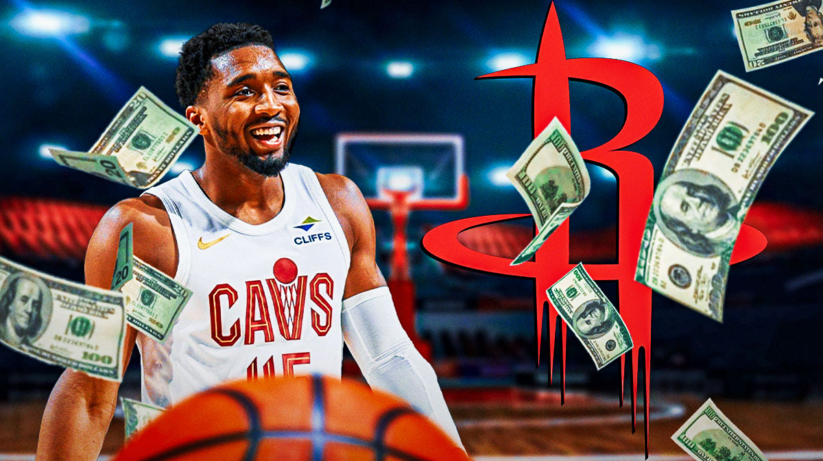 Donovan Mitchell in a Cavs jersey with a Houston Rockets logo next to him and money floating around the picture.
