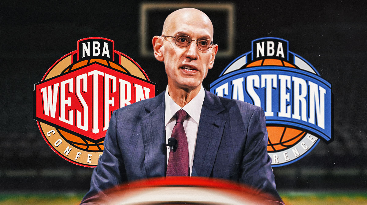 NBA commissioner Adam Silver with the Western Conference and Eastern Conference logos