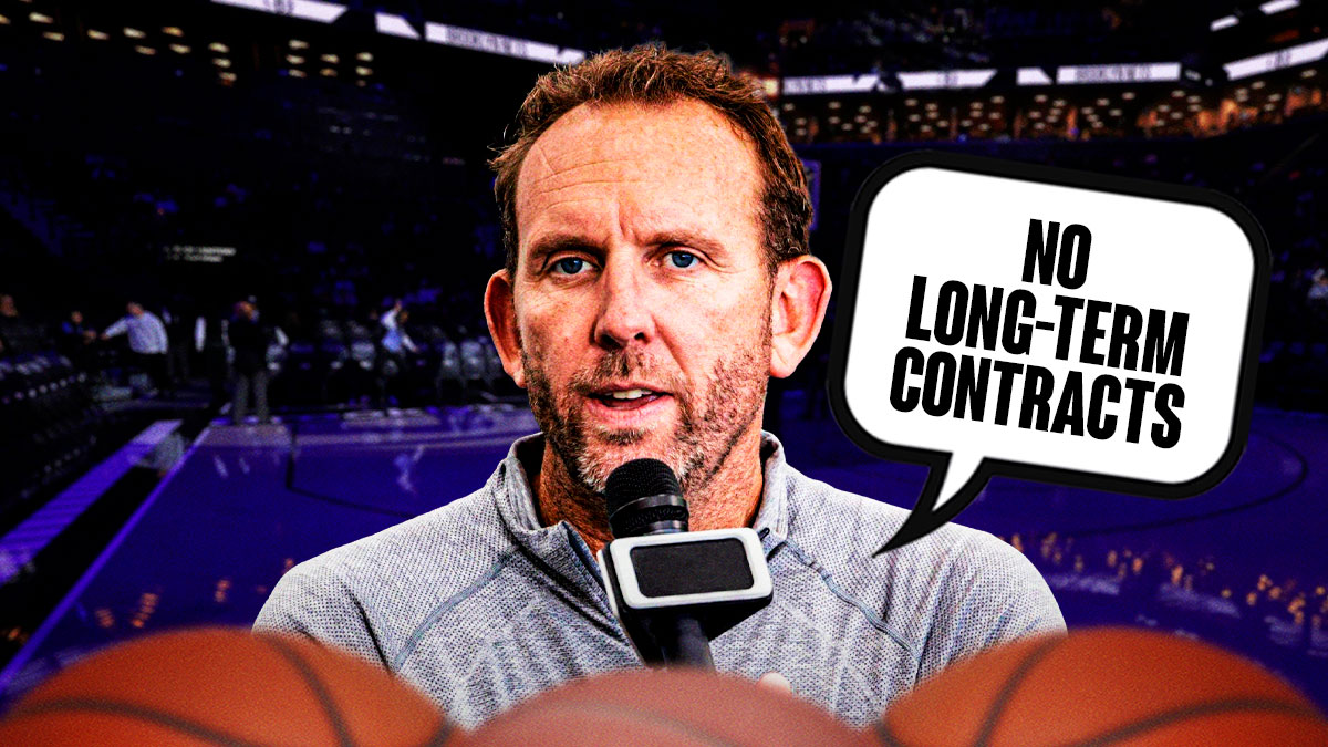 Nets general manager Sean Marks with a thought bubble that says "No long-term contracts" and a background of Barclays Center behind Marks