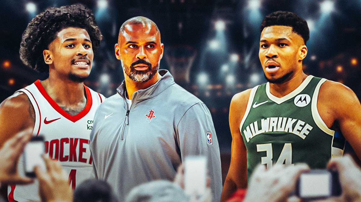 Image: Jalen Green and Rockets head coach Ime Udoka looking at Giannis Antetokunmpo