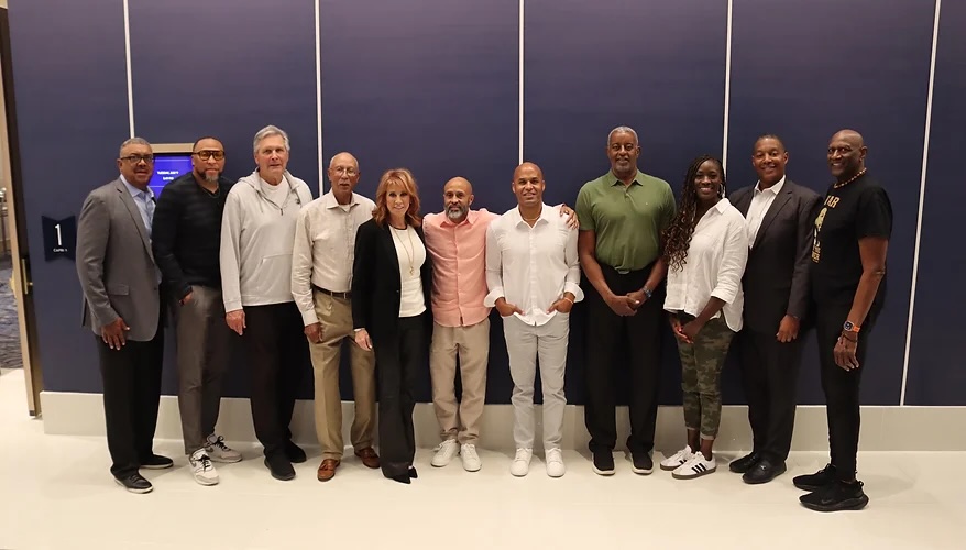 The National Basketball Retired Players Association and its board members recently gathered in Las Vegas for the Legends Getaway event. Advocates such as Nancy Lieberman (gold necklace), Rushia Brown (camo pants) and Spencer Haywood (far right) continued their efforts to secure health insurance and pensions for retired WNBA players.