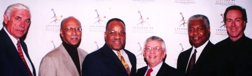 From left to right, Dave DeBusschere, Dave Bing, Archie Clark, David Stern, Oscar Robertson and Dave Cowens pose after the former NBA commissioner agreed to support the five founders of the National Basketball Retired Players Association.