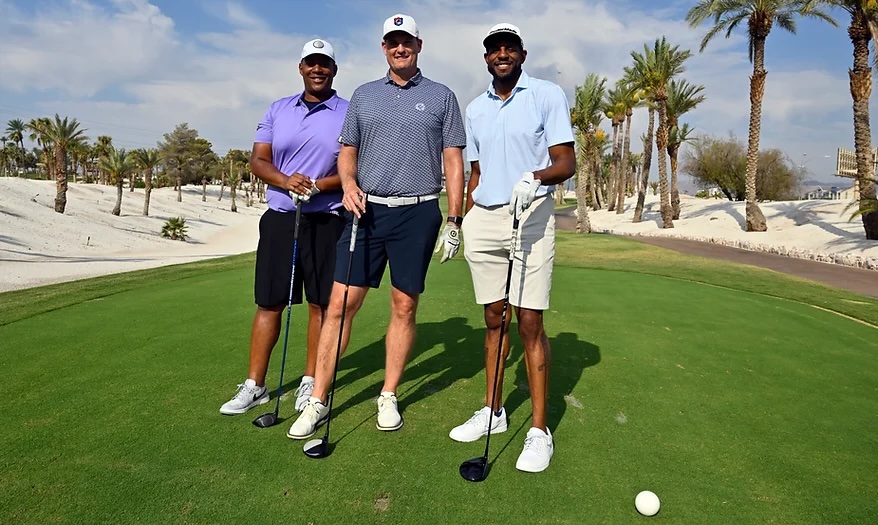 From left to right, National Basketball Retired Players Association former President and CEO Scott Rochelle, Detroit Pistons Assistant General Manager Pat Garrity and National Basketball Players Association Executive Director Andre Iguodala tee off at Bali Hai Golf Club. The NBRPA and National Basketball Players Association collaborated on the golf outing at the 2024 Legends Getaway event in Las Vegas