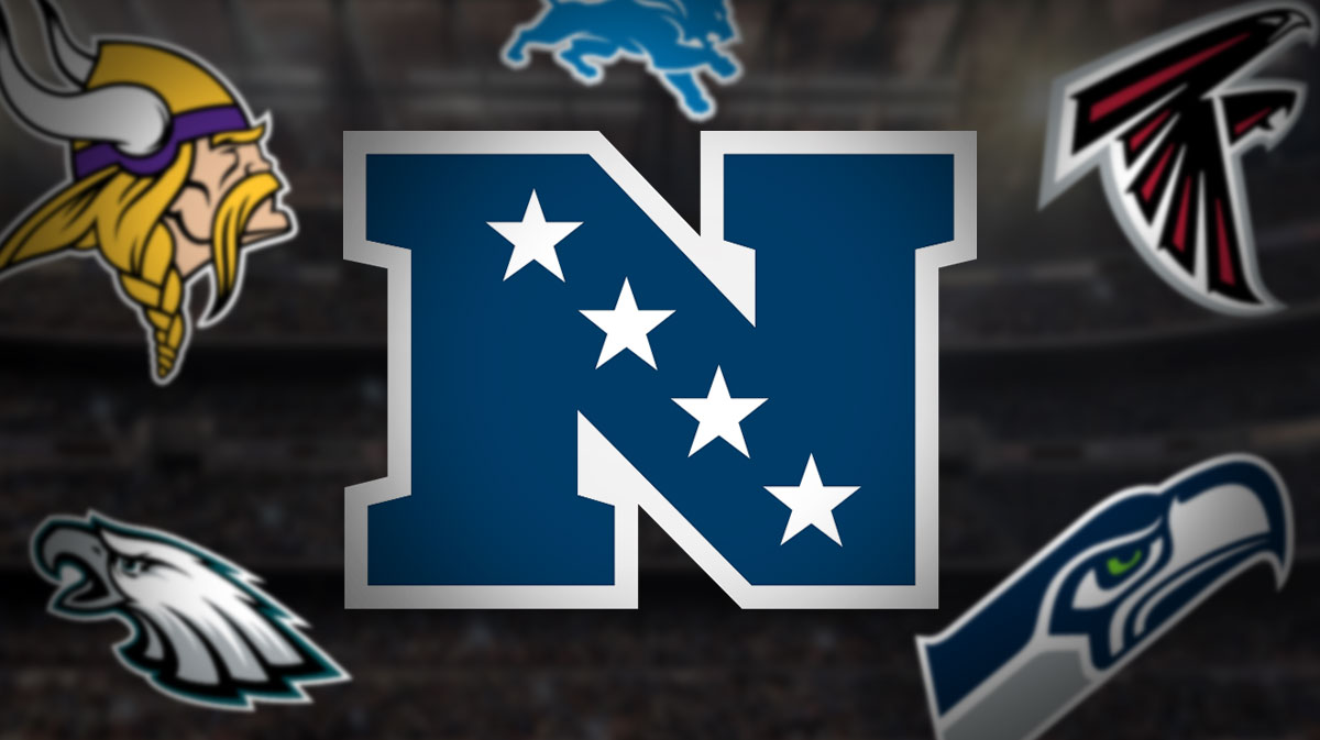 NFC logo is middle surrounded by Lions, Eagles, Seahawks, Falcons and Vikings logos