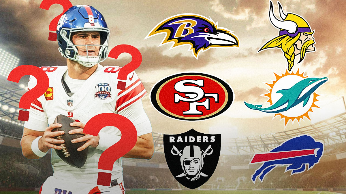 Daniel Jones in a New York Giants uniform with team logos for the Baltimore Ravens, San Francisco 49ers, Minnesota Vikings, Miami Dolphins, Las Vegas Raiders and Buffalo Bills behind him with little question marks as Jones decides where where he'll play next.