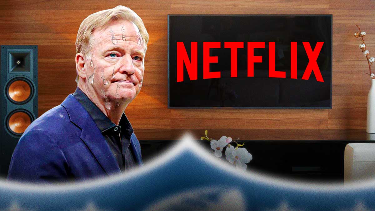 Roger Goodell NFL looking nervous (teardrop edited on top of his head) looking at a TV that says NETFLIX on it