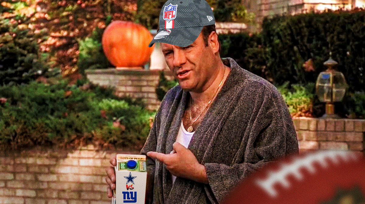 Tony Soprano wearing an NFL cap and holding Giants vs. Cowboys NFL Thanksgiving Day matchup