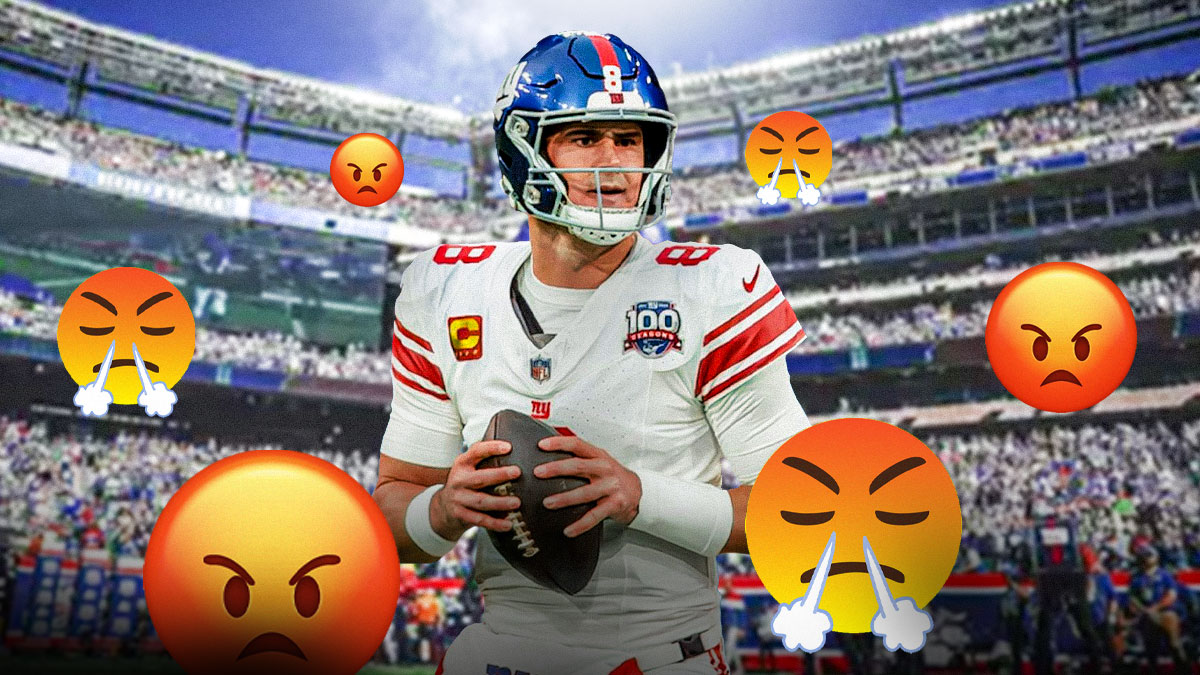 New York Giants logo beside Daniel Jones surrounded by boos and angry emojis