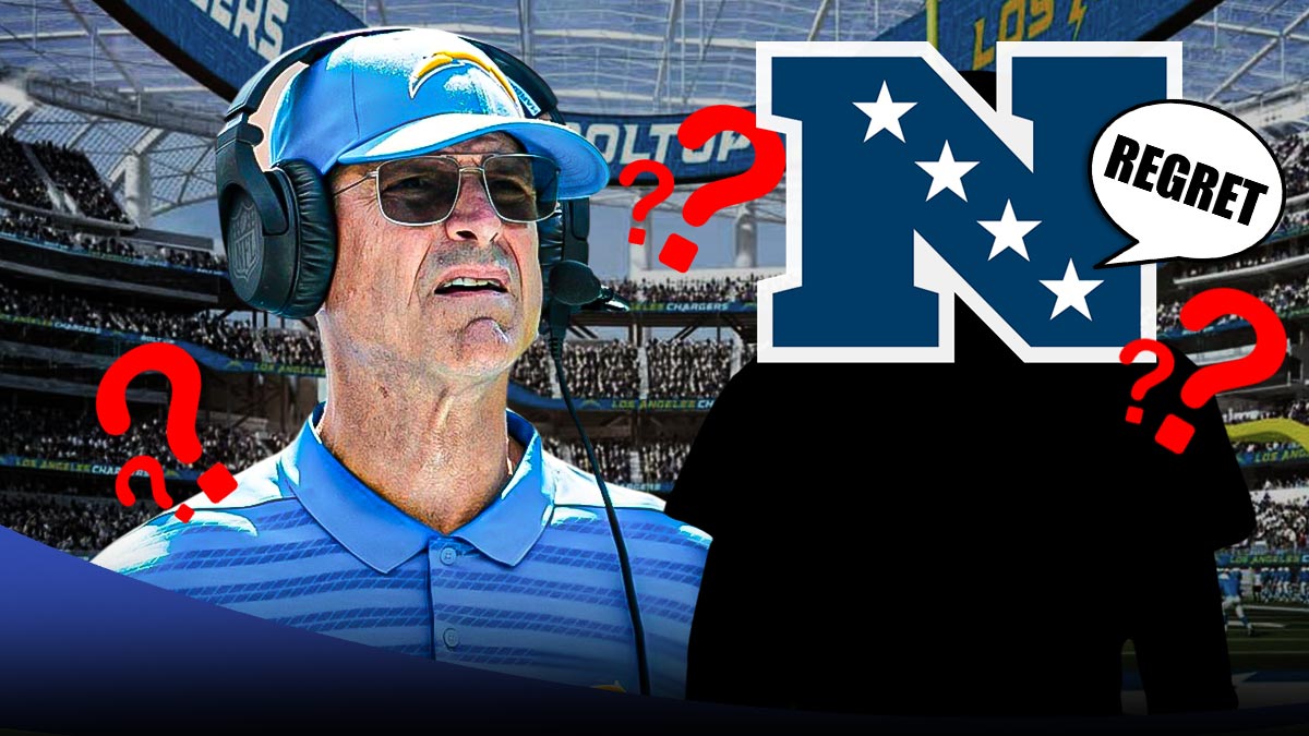 Head coach of the Chargers Jim Harbaugh talking to human man sillhouette with the "NFC" logo as his head. Around the two are a bunch of ❓ emojis, and in a text bubble above the human man sillhouette says the word "regret" in it.