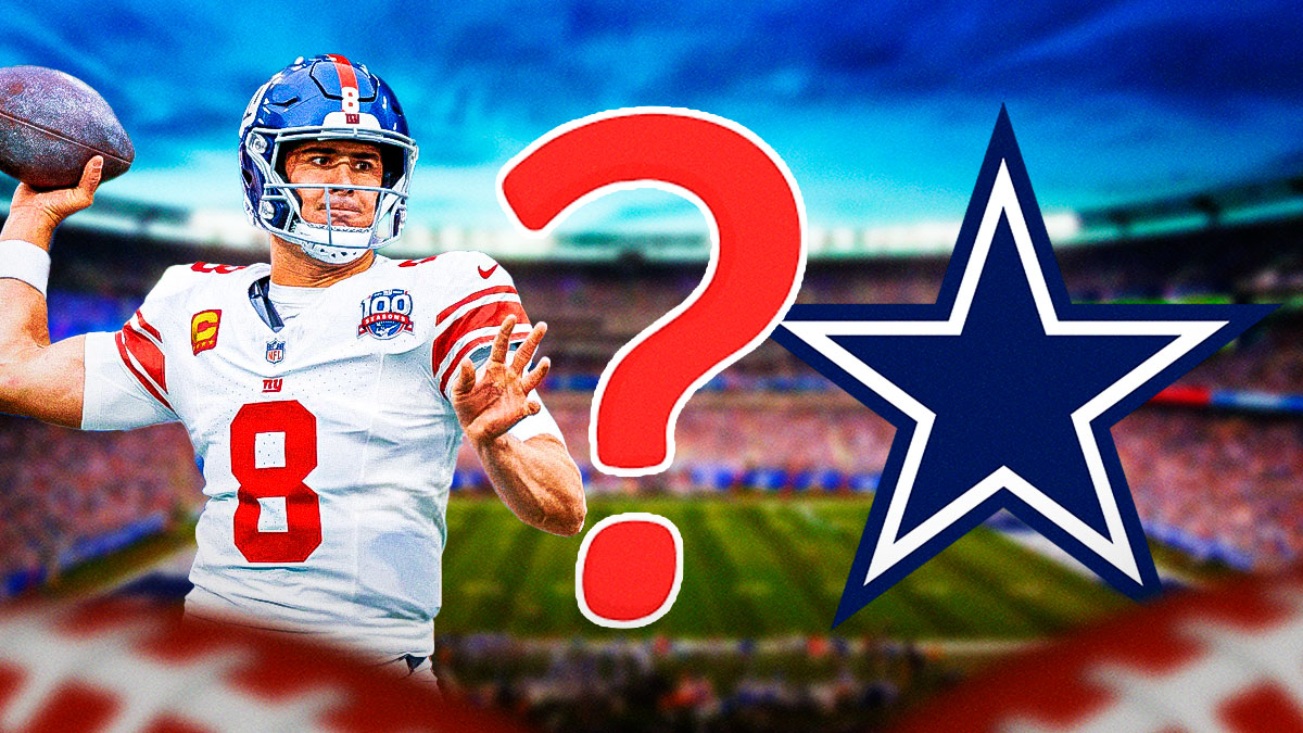 Giants Daniel Jones throwing a football on left. Dallas Cowboys 2024 logo on right. Question mark in middle.