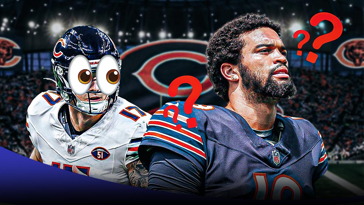 IMAGE: Chicago Bears QB Caleb Williams looking frustrated inside Soldier Field with question marks in the background. Also, Bears backup QB Tyson Bagent somewhat hidden in the background with 👀 emoji over his eyes.