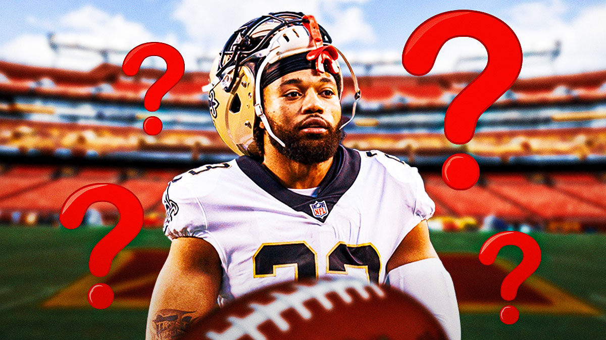 Marshon Lattimore surrounded by question marks featuring a Commanders-themed BG.