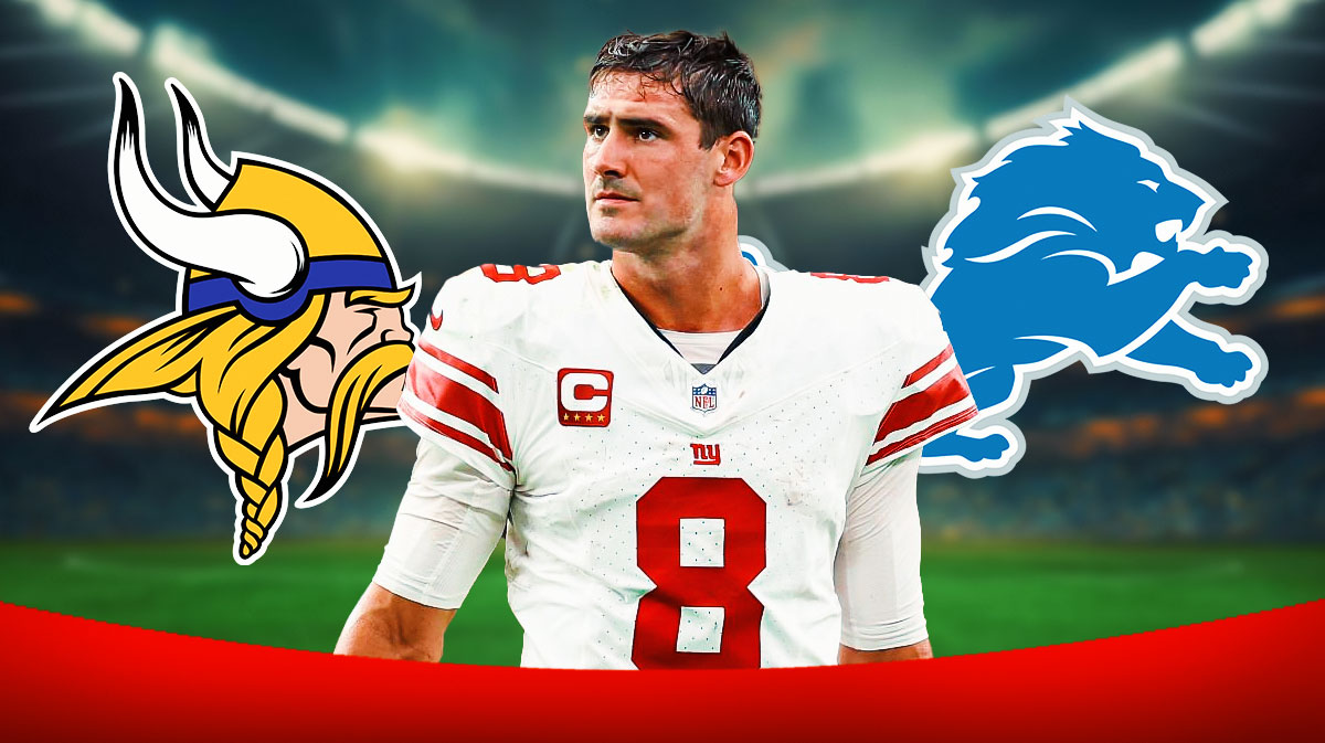 Daniel Jones with the Detroit Lions and Minnesota Vikings logos around him
