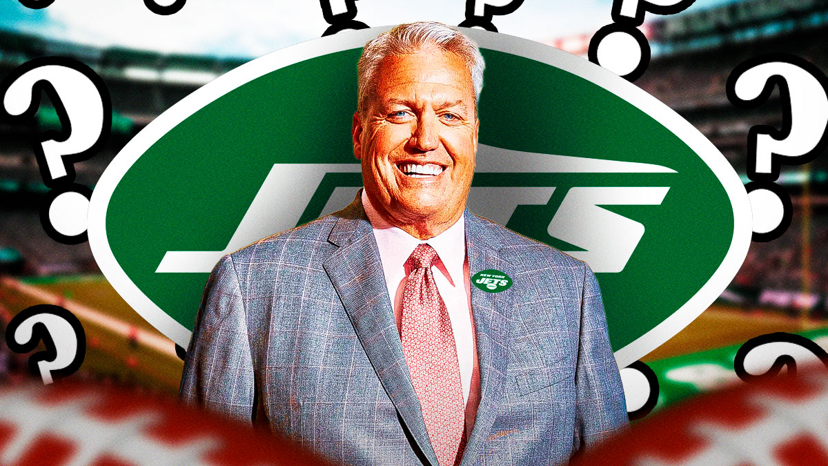 Rex Ryan with Jets coaching gear, a Jets logo next to him, and question marks surrounding the picture.