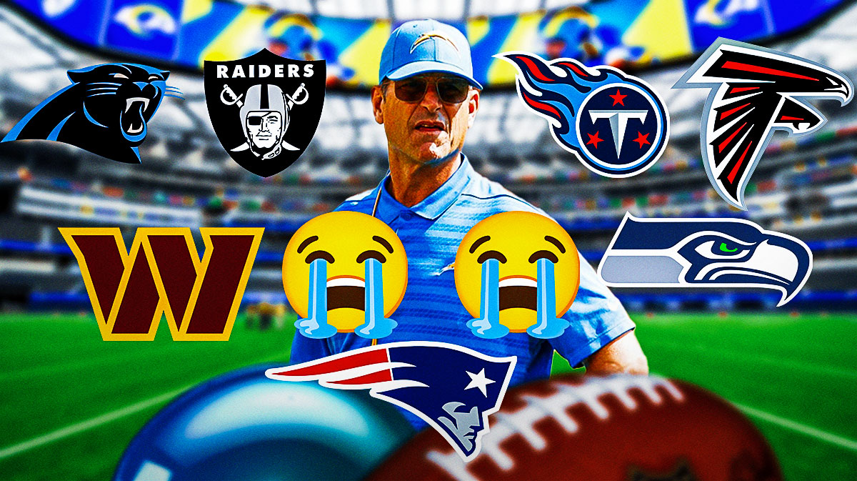 Chargers Jim Harbaugh next to a crying emoji face surrounded by logos of the Raiders, Panthers, Seahawks, Titans, Falcons, Patriots, and Commanders