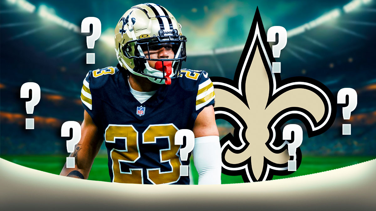 New Orleans Saints CB Marshon Lattimore surrounded by question mark emojis. There is also a logo for the New Orleans Saints.