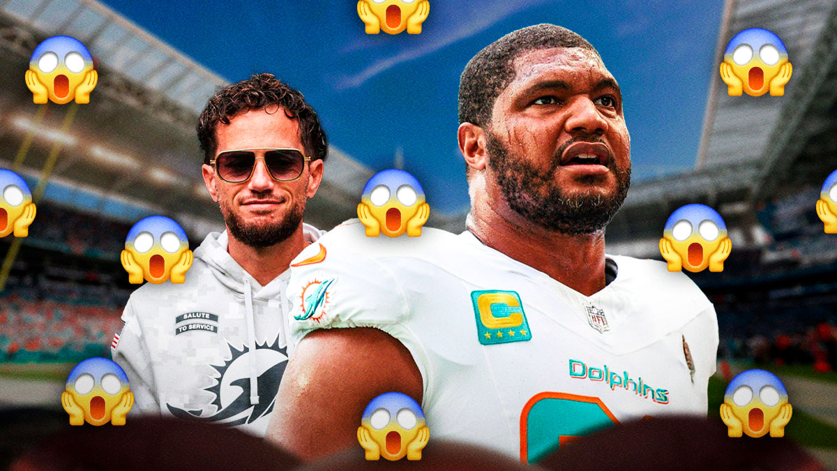 Mike McDaniel and Calais Campbell with a bunch of shocked emojis in the background