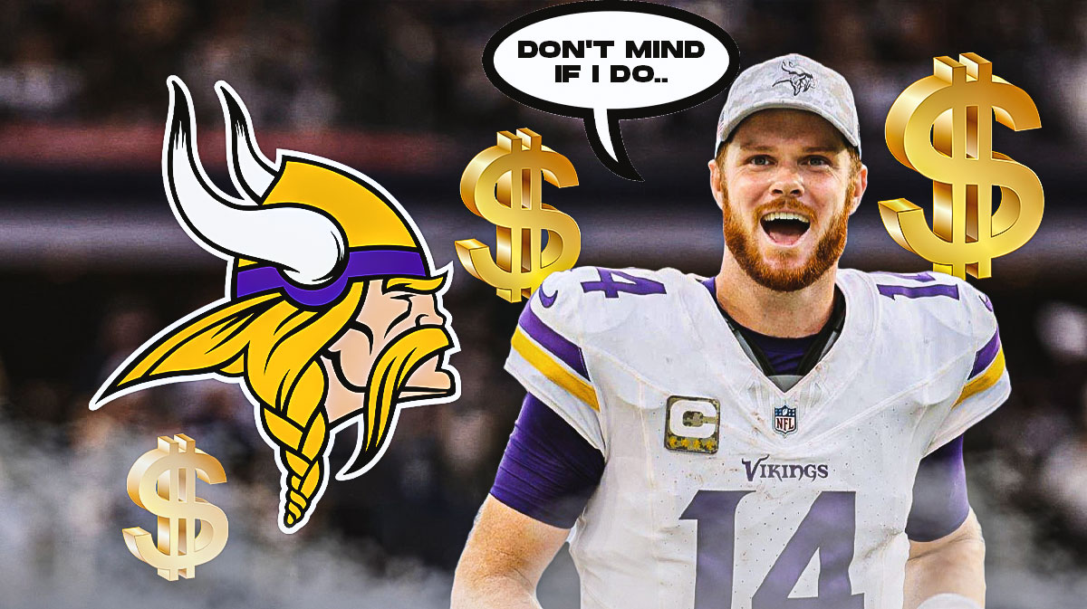 Minnesota Vikings QB Sam Darnold with a speech bubble that says "Don't mind if I do..." He is surrounded by green dollar sign ($) emojis. There is also a logo for the Minnesota Vikings.