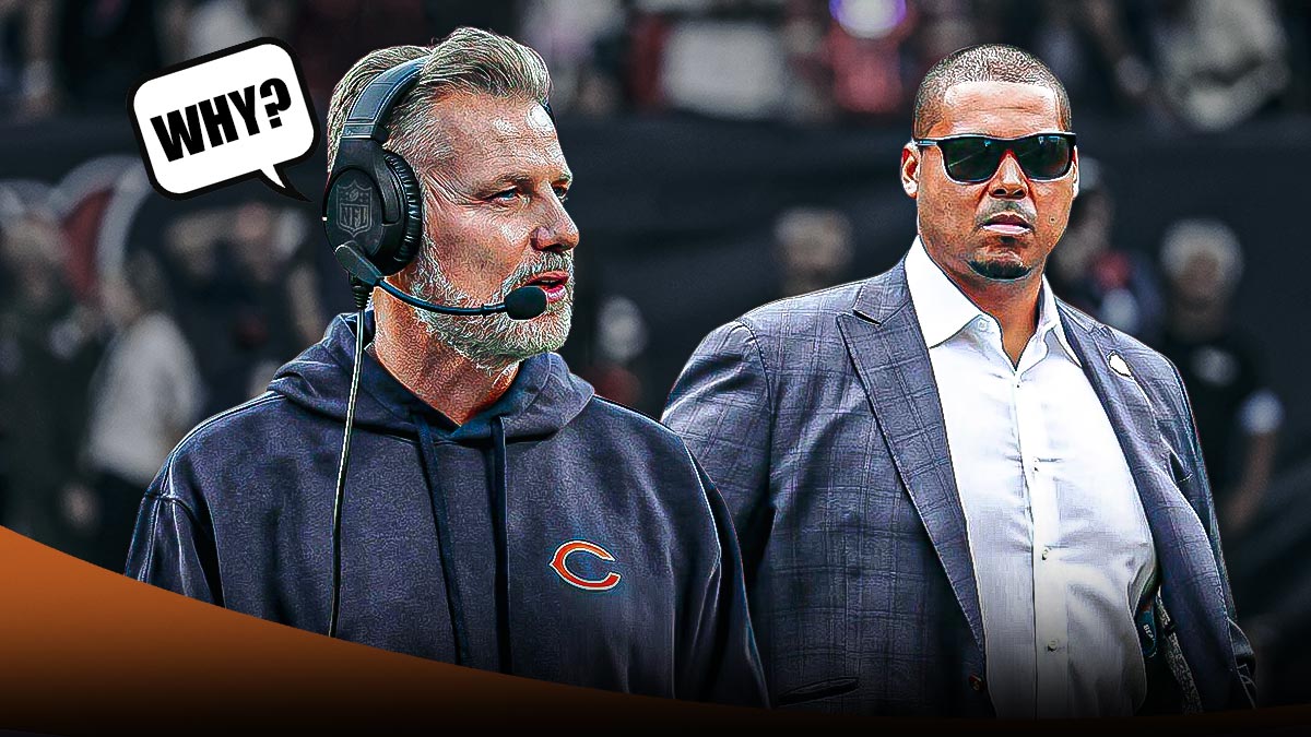 Matt Eberflus with a text bubble reading "Why?" next to Ryan Poles with the Bears stadium as the background