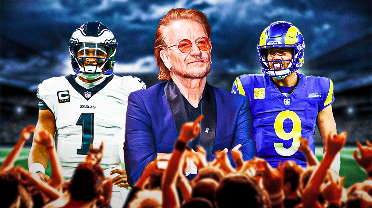 U2 singer Bono in between Philadelphia Eagles quarterback Jalen Hurts and Los Angeles Rams quarterback Matthew Stafford, who played on Sunday Night Football (SNF).