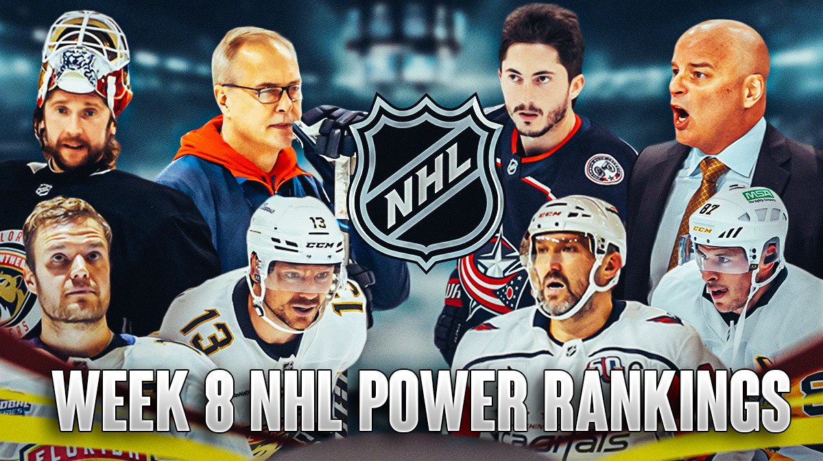 Sasha Barkov, Sergei Bobrovsky, Sam Reinhart and Paul Maurice all on one side looking stern, Sidney Crosby, Alex Ovechkin, Jim Montgomery and Zach Werenski on other side, NHL logo in middle, hockey rink in background, Text: Week 8 NHL Power Rankings