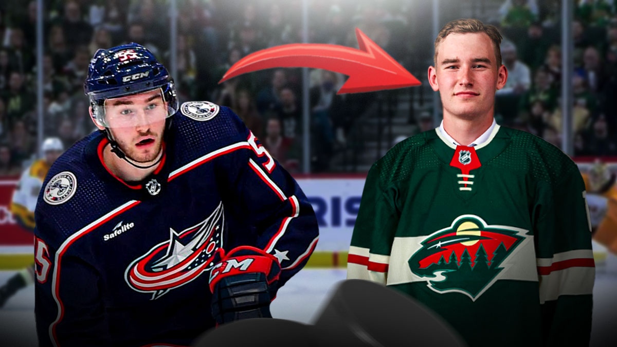 David Jiricek in his blue Jackets uniform on the left with a giant arrow pointing to the right, and him in a Wild uniform, inside Xcel Energy Center