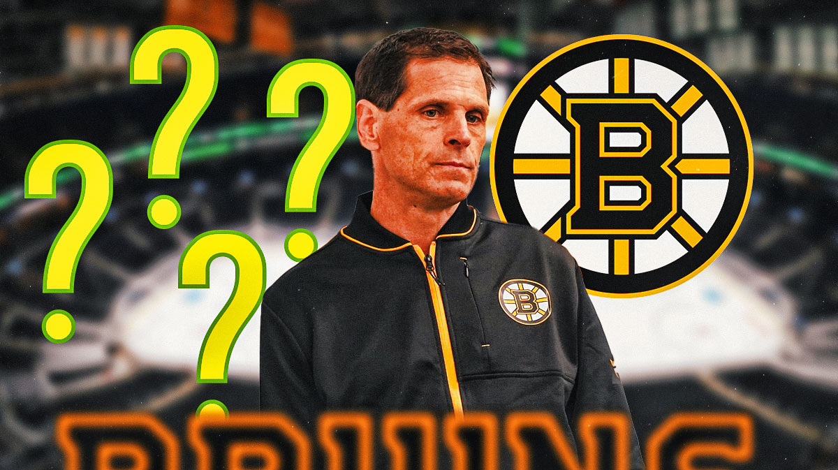 Boston Bruins GM Don Sweeney looking stern, 3-5 question marks, Boston Bruins logo, hockey rink in background