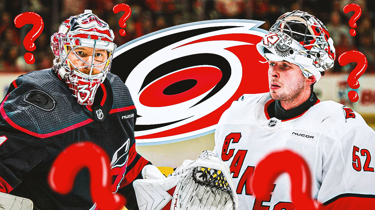Frederik Andersen and Pyotr Kochetkov both looking stern, Carolina Hurricanes logo in middle, 3-5 question marks, hockey rink in background
