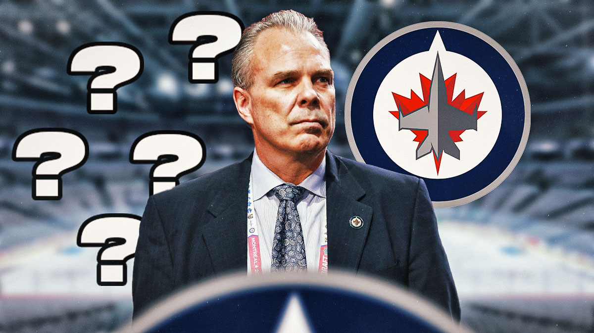 Jets GM Kevin Cheveldayoff in image looking hopeful, 3-5 question marks, Winnipeg Jets logo, hockey rink in background