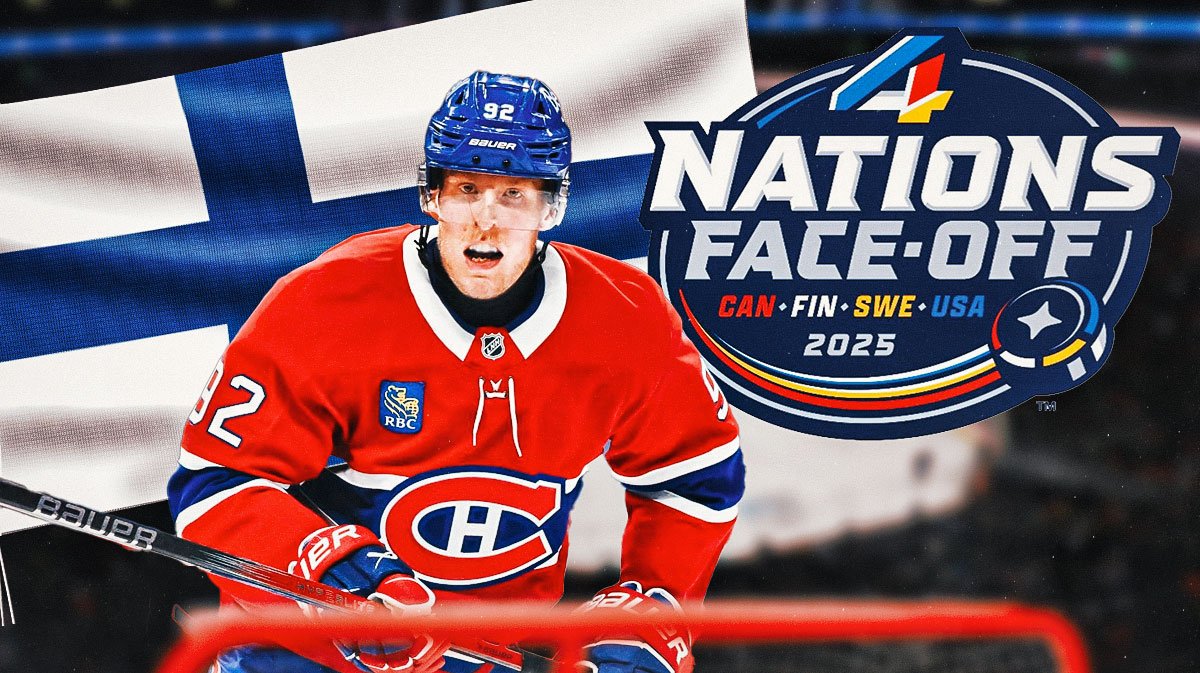 Patrik Laine looking hopeful, Finland flag, 4 Nations Face-Off logo, hockey rink in background