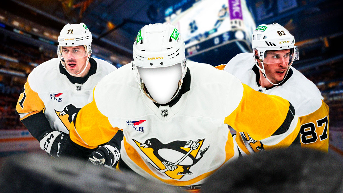 : Sidney Crosby, Evgeni Malkin on sides. Silhouette of Bryan Rust front and center.