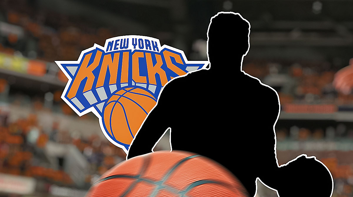 silhouette of Precious Achiuwa beside Knicks logo