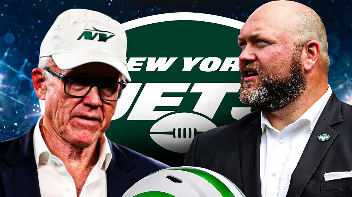 Woody Johnson, Joe Douglas. Jets logo in background.
