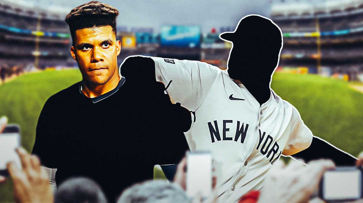 Juan Soto in a blank uniform, with a silhouette of a pitcher in Yankees uniform beside him