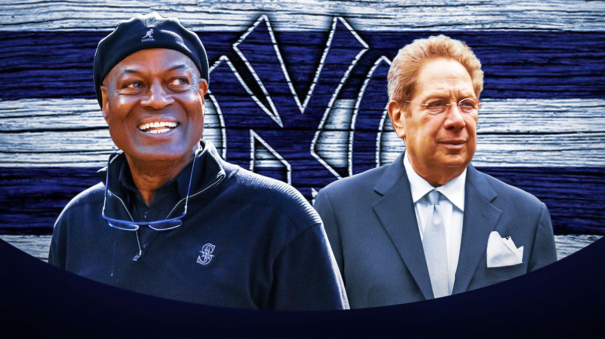 Dave Sims and John Sterling with the Yankees logo in between them